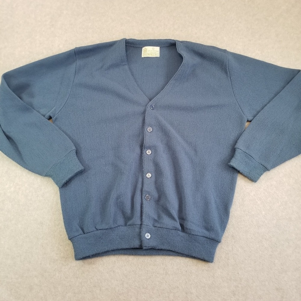 VTG Sears Kings Road Cardigan Sweater Mens L Blue Orlon Acrylic Knit 70s USA